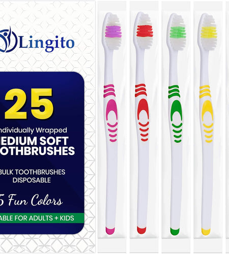 25 Bulk Toothbrushes | Individually Wrapped | Manual Disposable Travel Toothbrush Set for Adults or Kids | Made with a Medium-Soft Large Head | Multi-Color | Travel Toiletry Oral Set