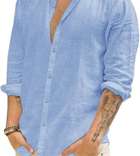 Mens Long Sleeve Casual Cotton Linen Shirts Buttons down Summer Solid Plain Beach Yoga T Shirts